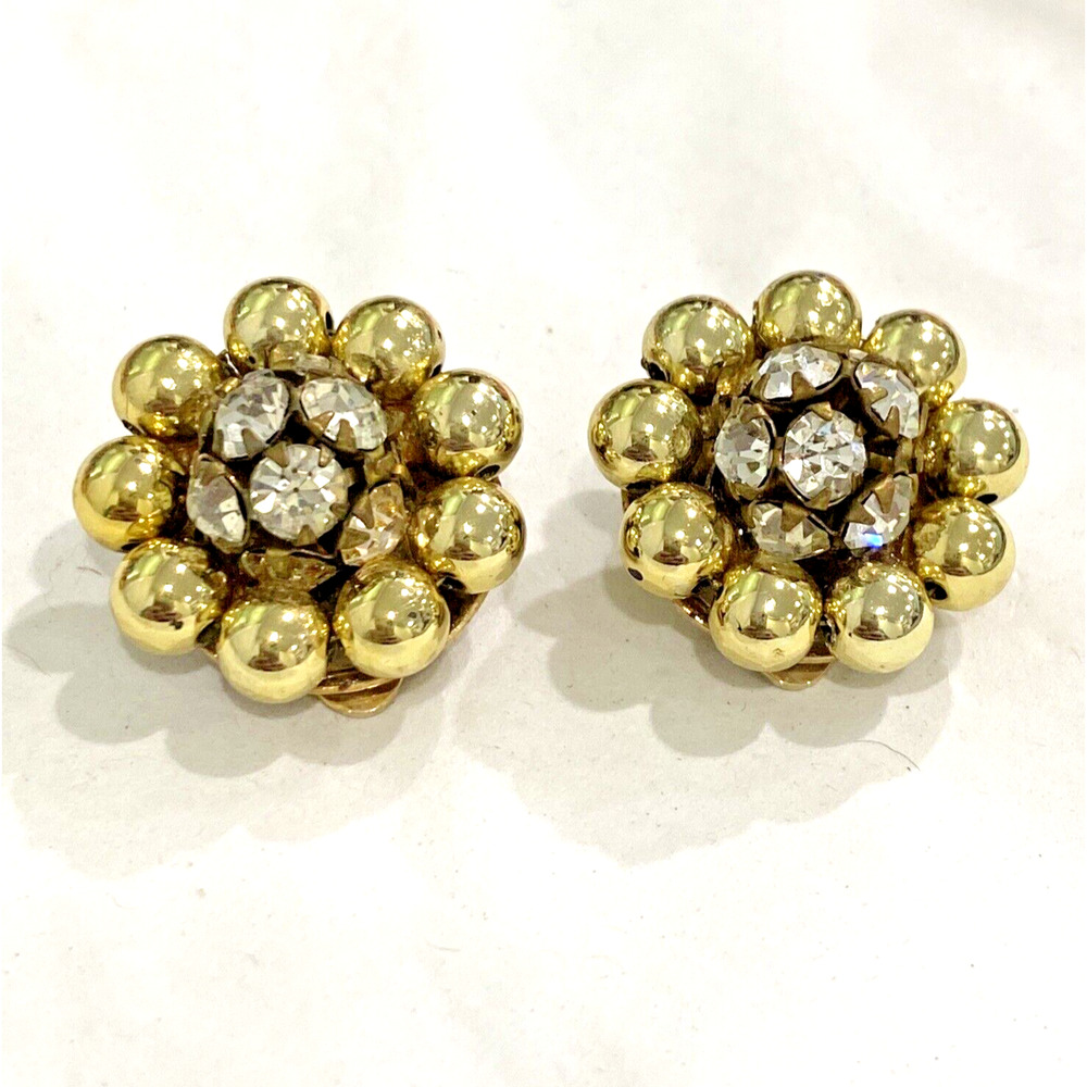 Vintage Lisner Clip On Earrings Goldtone & Clear White Rhinestone Round Clusters